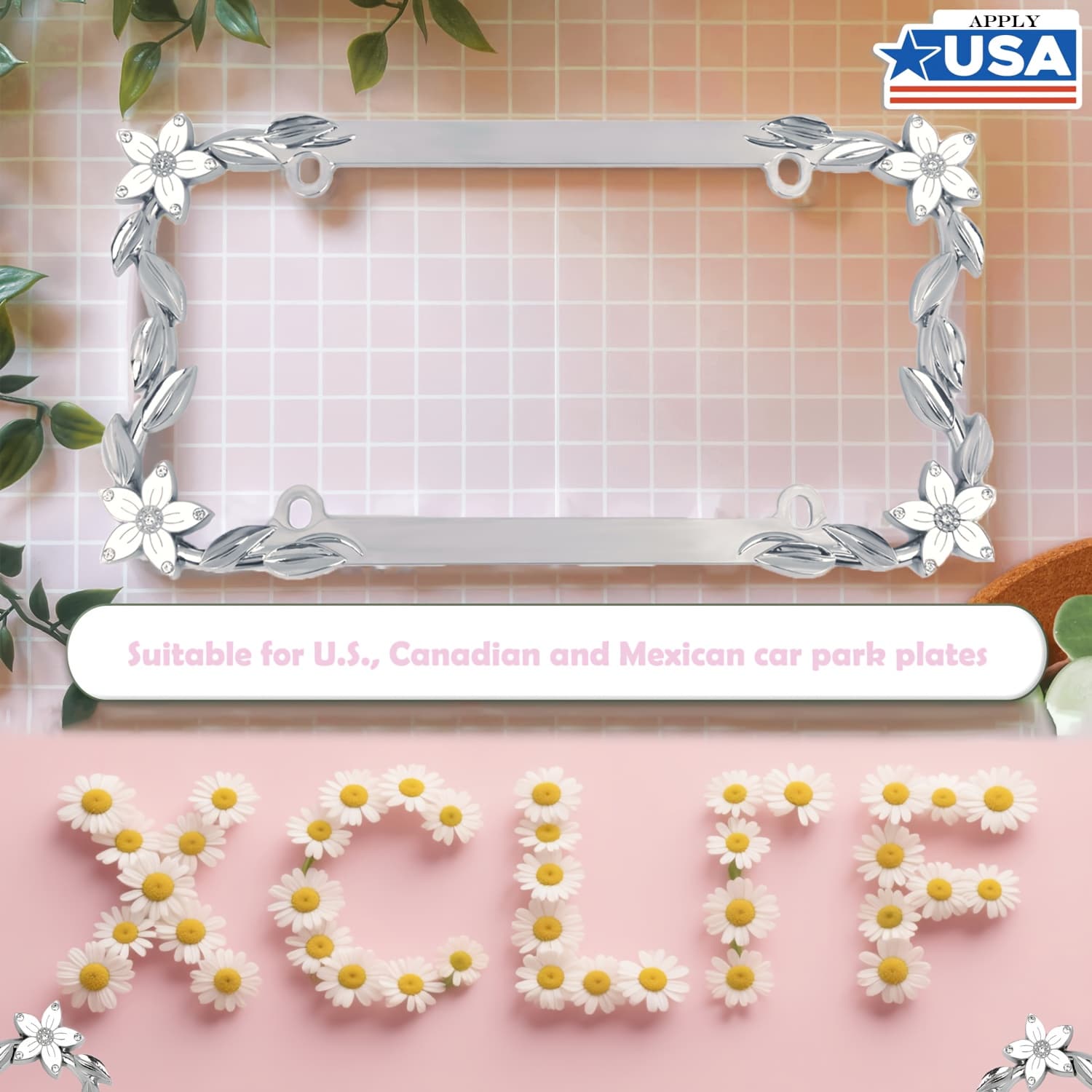 TEMU 1pc, 3d Shiny Diamond-studded Daisy License Plate Frame With Pure Alloy Metal, Plates – Gift For