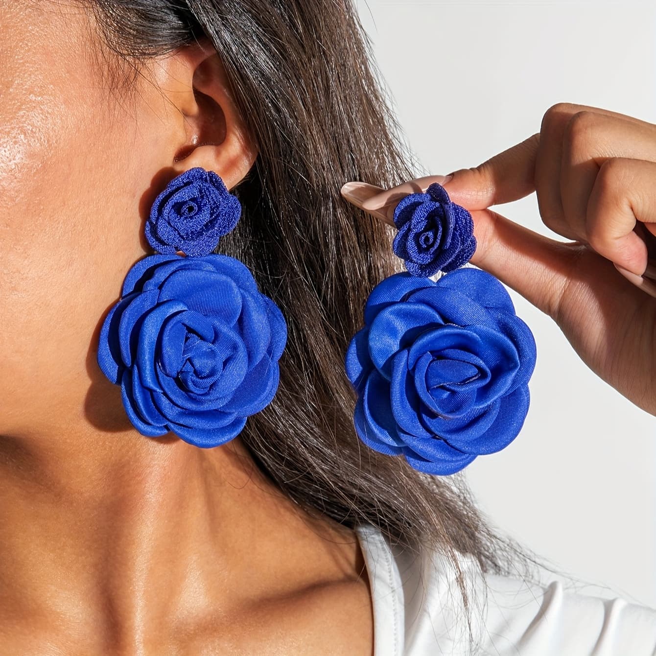 TEMU 1 Pair Elegant Romantic Fiber Large Flower Earrings Tassel Suitable For Women's Ball Party Valentine's Day Gift