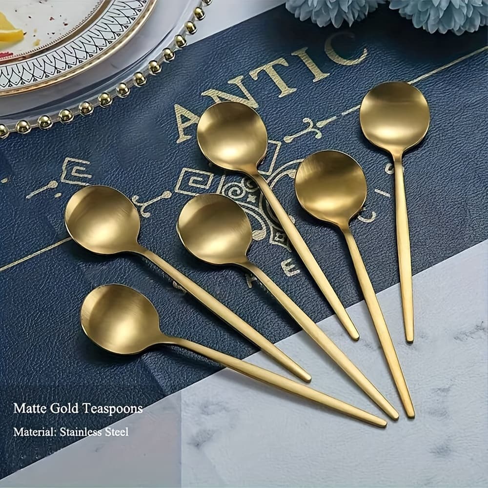 TEMU 6pcs Golden Stainless Steel Coffee Spoons, Mini Dessert Spoons, Exquisite Teaspoons, Spoon Set, Suitable For Home Kitchen, Restaurant, Afternoon Tea (5.12in)