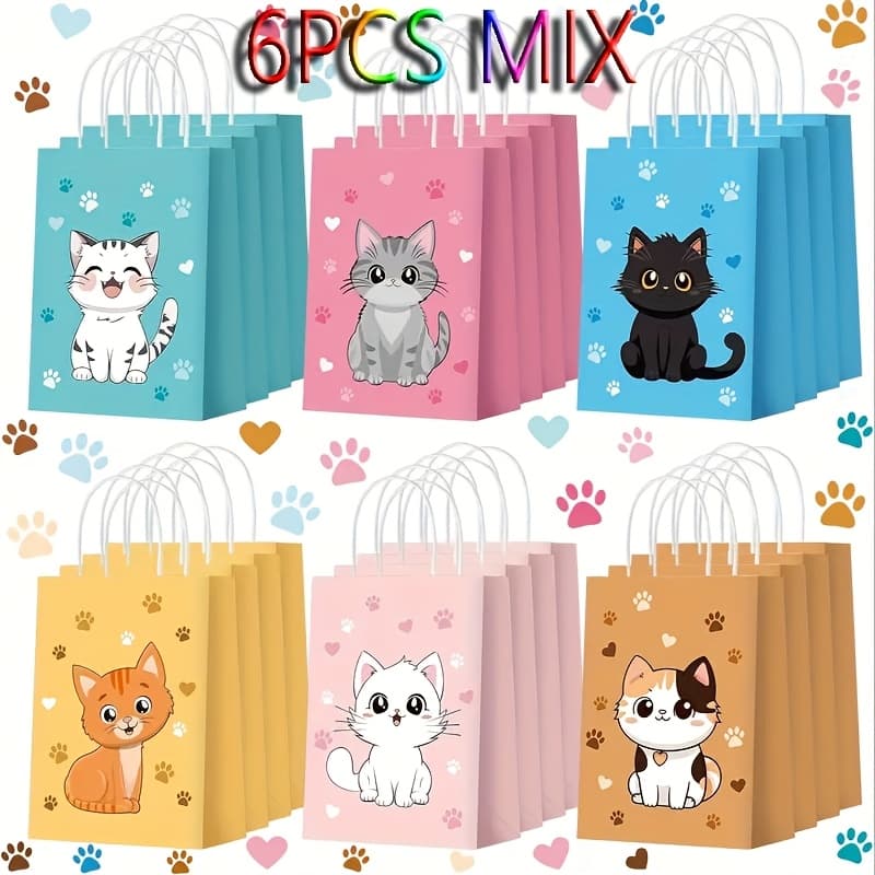TEMU 6pcs Cat-themed Gift Bags For Birthday Party Gift Wrapping, Made Of Paper