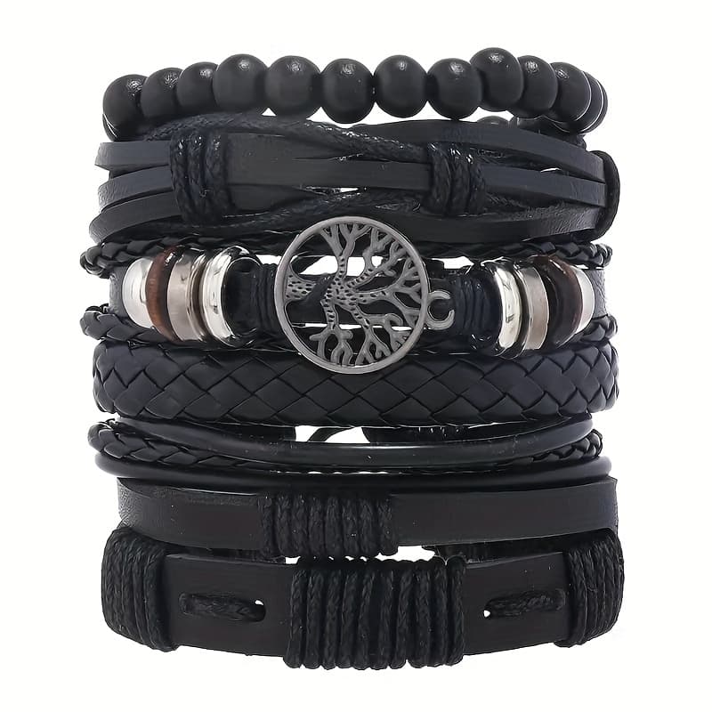 TEMU Men's Leather Woven Charm Bracelet Set With Beads And Tree Of Life Pendant, Trendy Style 6pcs Multi Layer Bracelet Knitting Diy Men's Bracelet