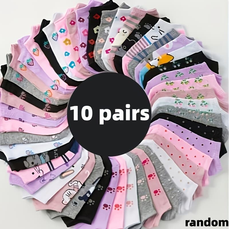 TEMU 5/10/20 Pairs Fashion Comfortable Women's Short Socks: Random Heart Striped Print Style, Durable Fabric - Women's Socks