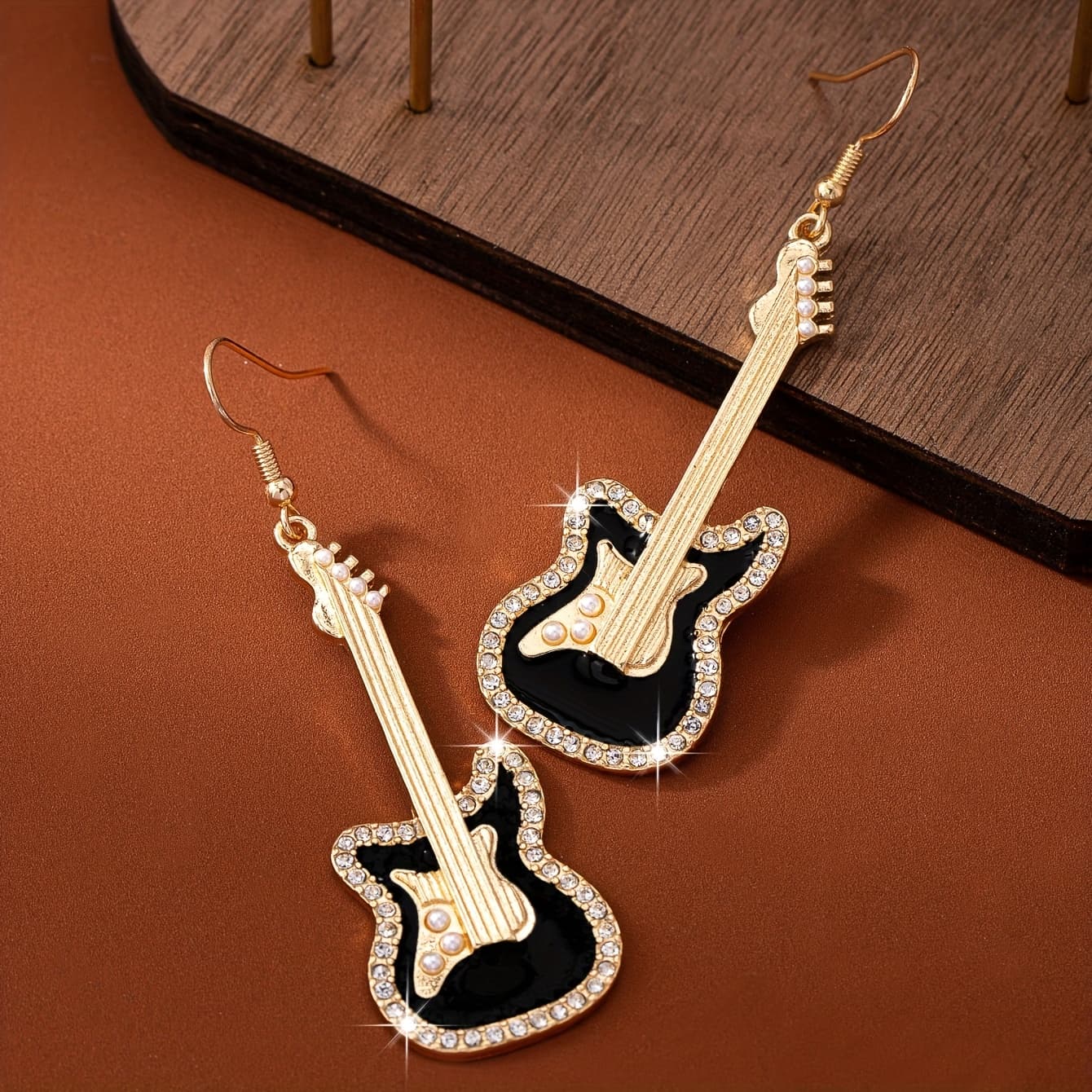 TEMU A Pair Of Exquisite Black And Golden Contrast Diamonde-embellished Guitar Earrings, Perfect For Daily Festivals, Women's Fashion, Music Festival Jewelry
