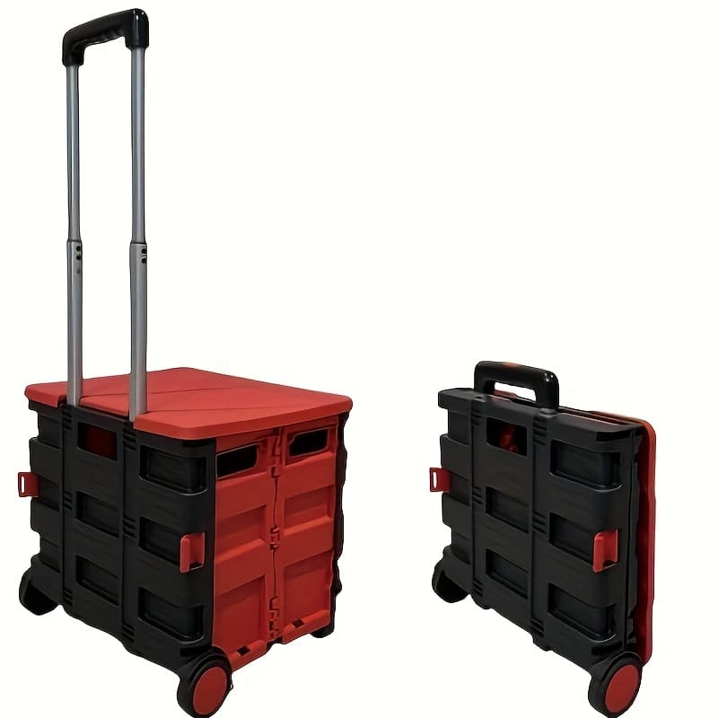 TEMU Heavy-duty Collapsible Rolling Cart With Plastic Wheels & Blue Lid Seat - 80 Lbs Capacity Suitable For Teachers,,,, Use - Plastic Crate For Transport And Seating Conversion