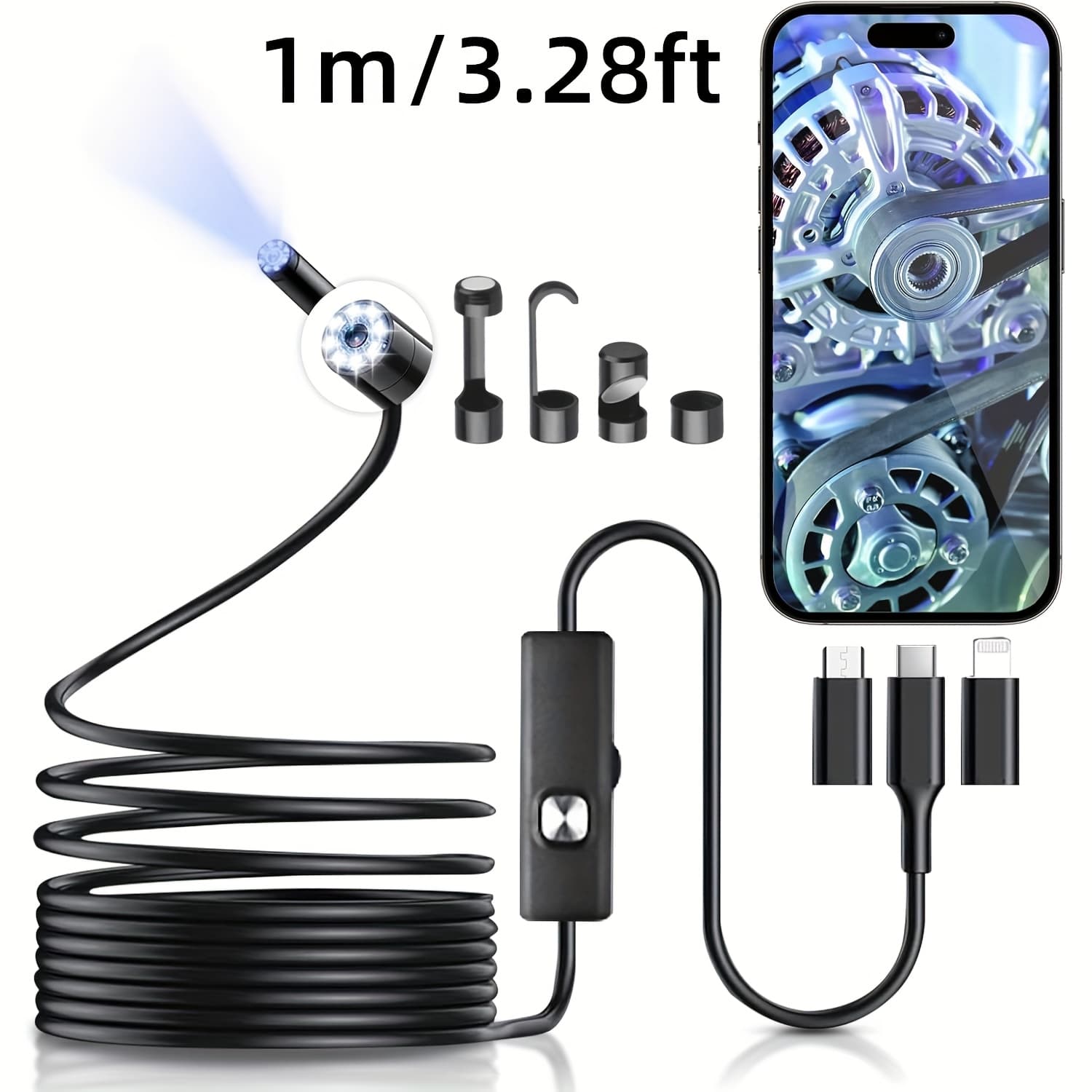 TEMU 8mm Industrial Camera Endoscope, Suitable For And Ios Phone Camera, Pipeline Inspection, , Auto Repair, Carbon Deposition, Visual Repair, Air Conditioning, 1-5m Rigid Cable