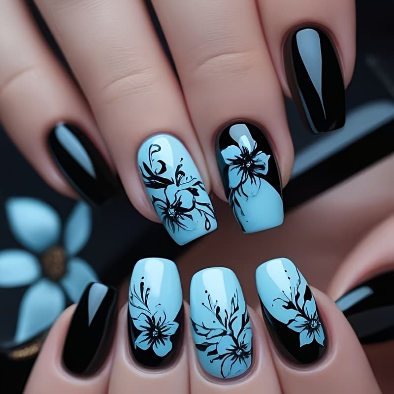 TEMU 48pcs (2 Boxes) Of Square Black And Blue Floral Press-on Nails, Designed For Women, Featuring Removable Nail Art False Nails (includes Nail File And Jelly Glue)