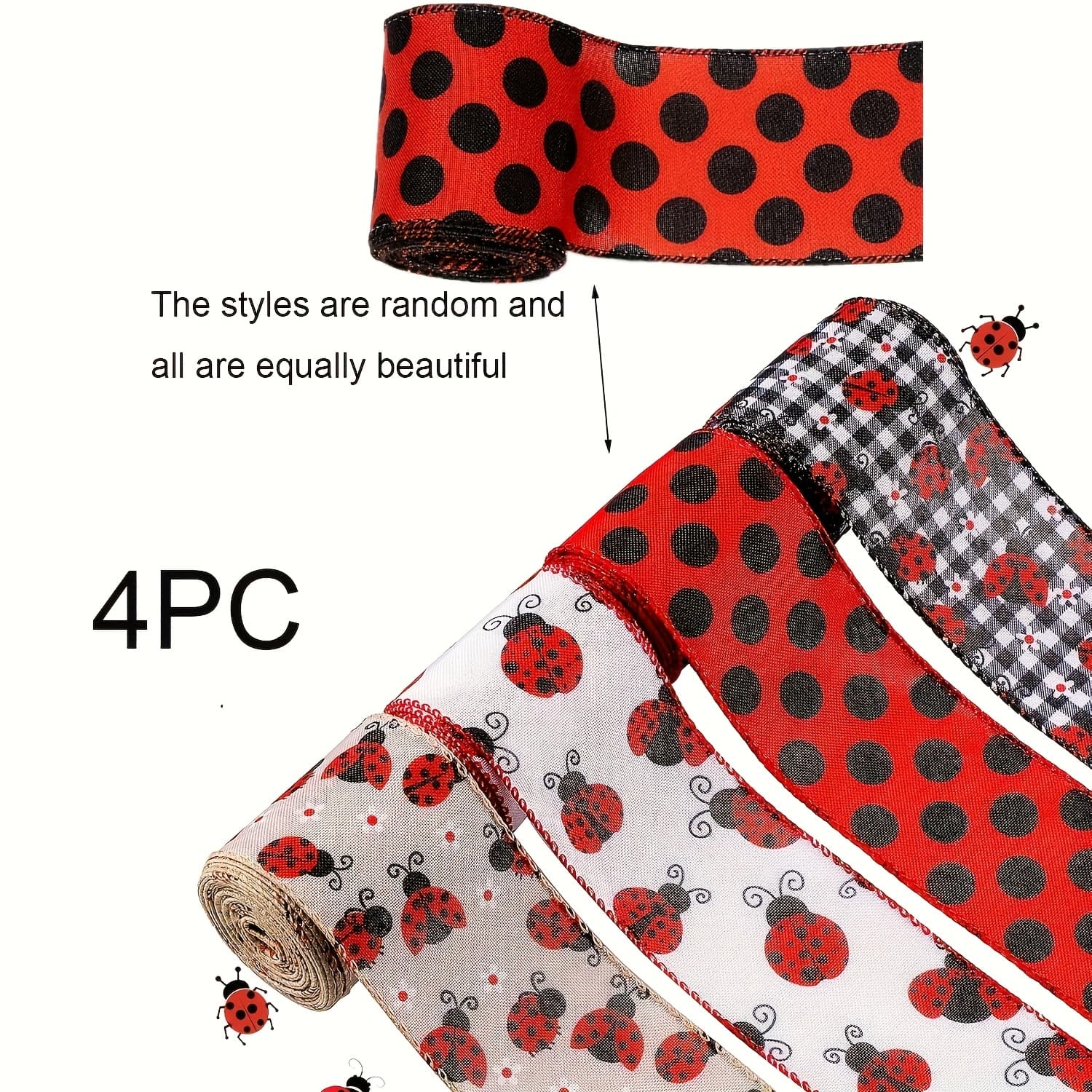 TEMU 4pcs Ladybugs Wired Ribbon, Red Polka Dot Wired Edge Ribbon For Diy Craft, Hair Bows, Wreaths, Hats, Cakes, Ladybug Party & Farmhouse Decor, Includes 1 Polka Dot Ribbon With Random Edge Color