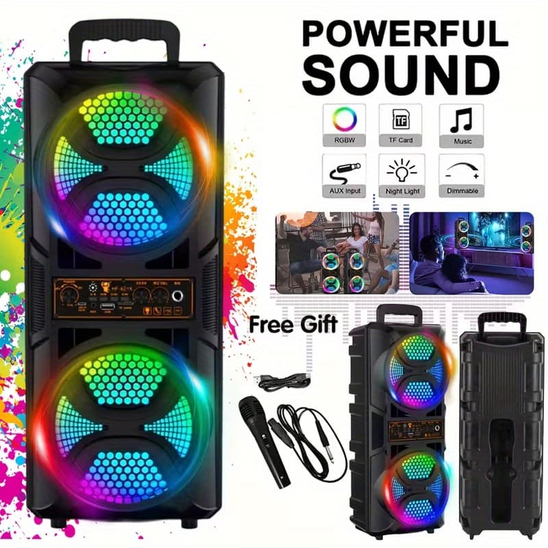 TEMU 8000w Portable Wireless Speaker With Party Ambient Lights, Rechargeable. Outdoor Dj Speaker With Dual 6.5-inch Drivers, Supports Usb And Tws Interconnection