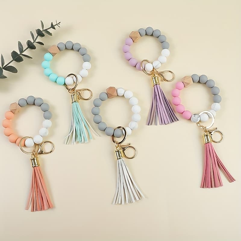 TEMU 5pcs Marble Beaded Wrist Keychain Set, Simple And Stylish Women's Key Holder, Anti-loss Key Ring, Holiday Gift