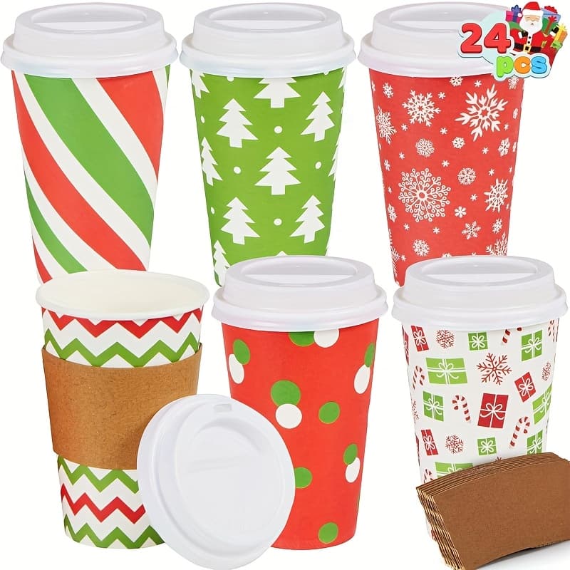 TEMU Joyin 24 Pcs 16 Oz Christmas Disposable Cups With Lids And Coffee Cup Sleeves For Holiday Table Decorations, Hot Chocolate Cold Beverage Party Supplies