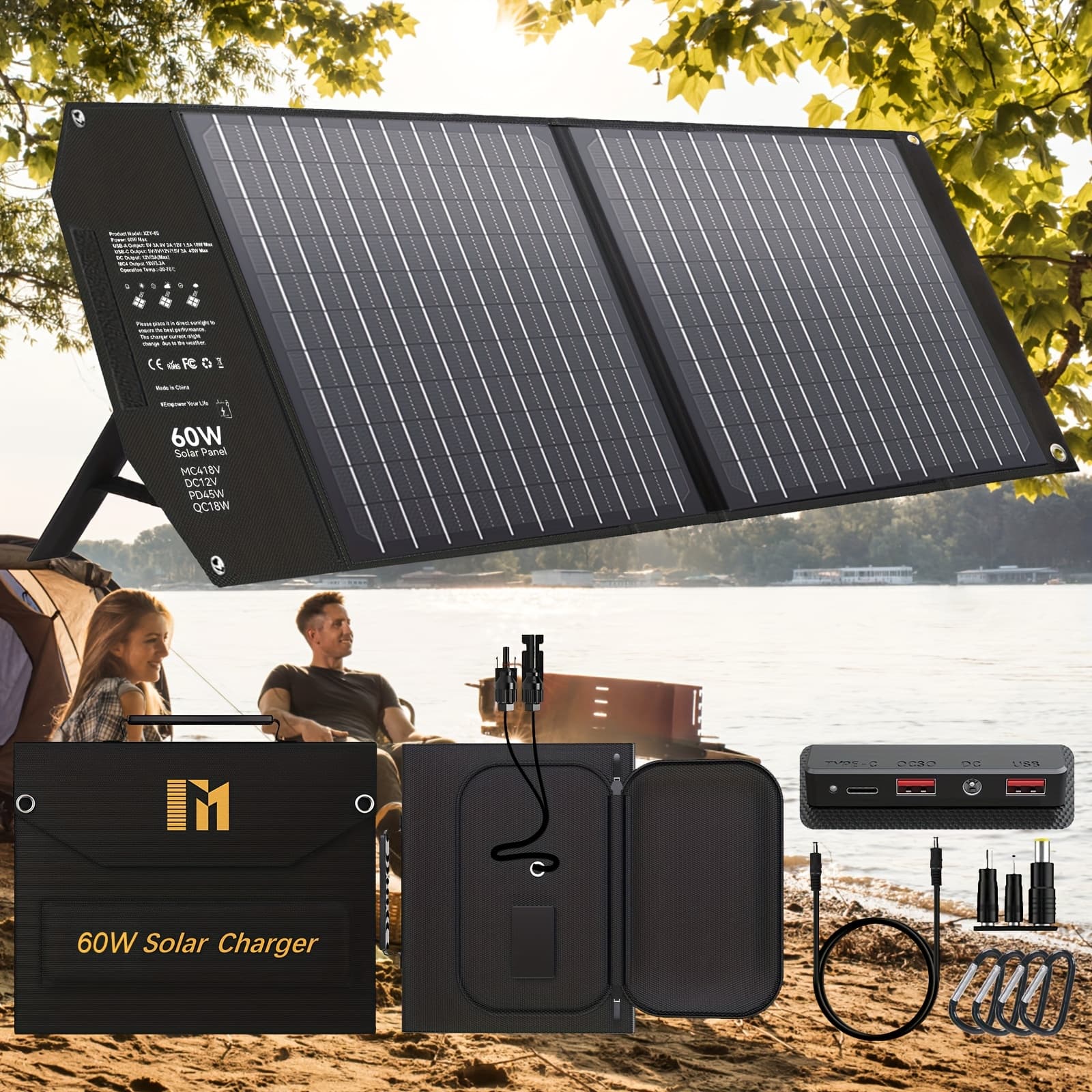 TEMU 30w/60w/100w Portable Solar Panel Charger With Mc4 Connector, Dual Usb-a & Usb-c Pd 18w Compatible For Power Banks, Smartphones, Tablets, Outdoor Camping, Rv, - Station