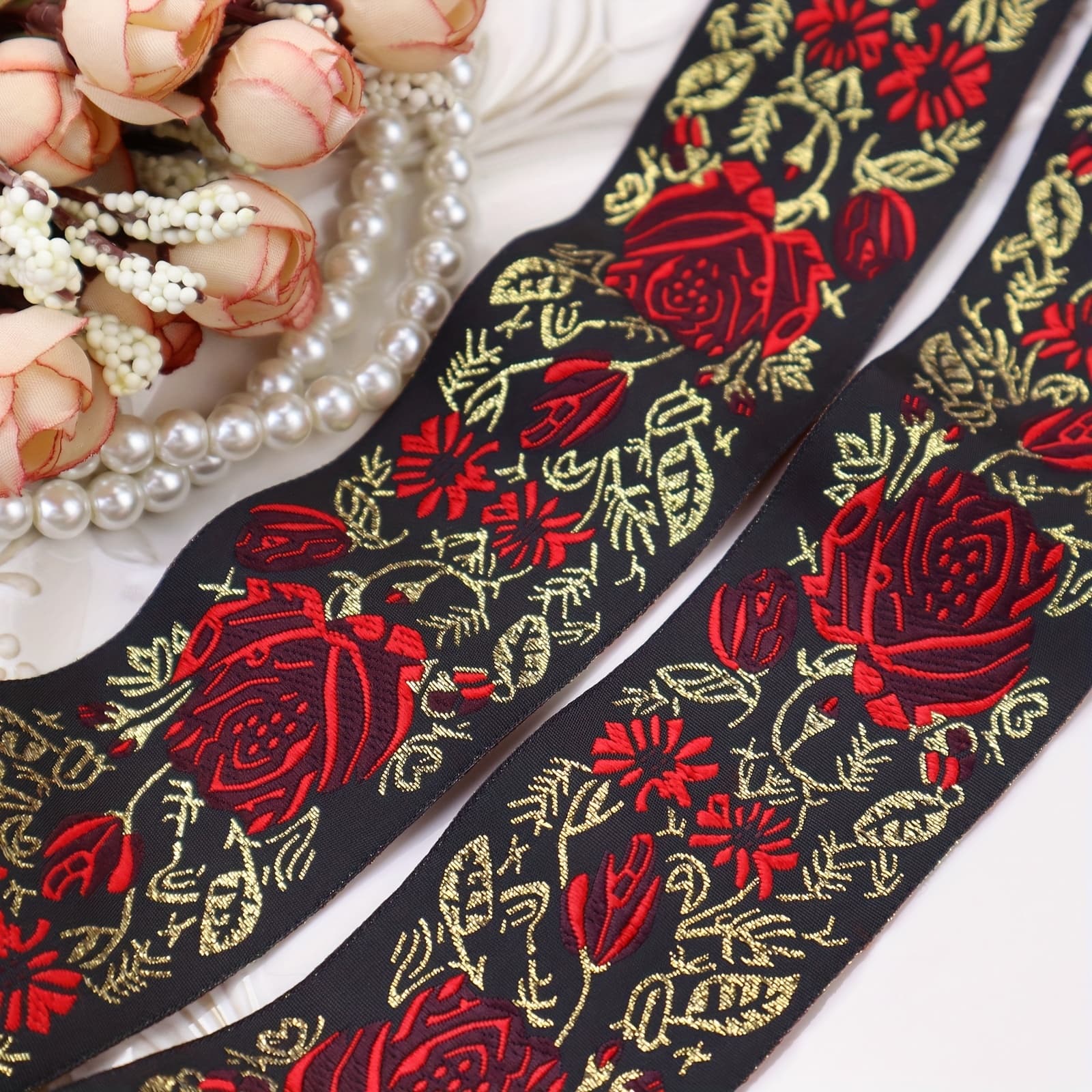 TEMU Vintage Floral Embroidered Ribbon Trim, Jacquard Ribbon, Black With Red Roses And , 5 Yards