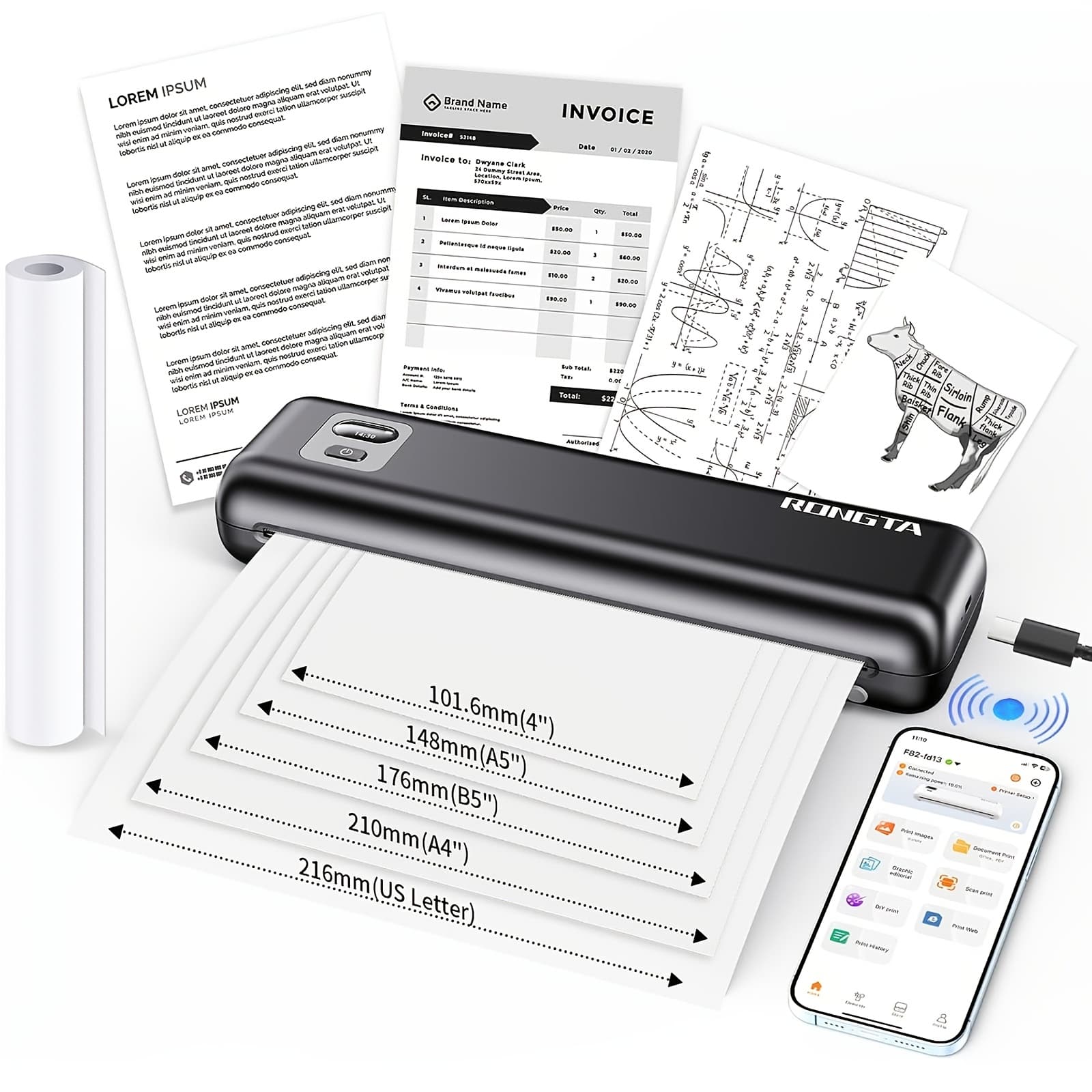 TEMU Rongta F82a Wireless A4 Thermal Printer - Portable, Inkless, Compatible With Phone, , Laptop For Home, Office And Travel Use, Includes 1 Roll Of Paper