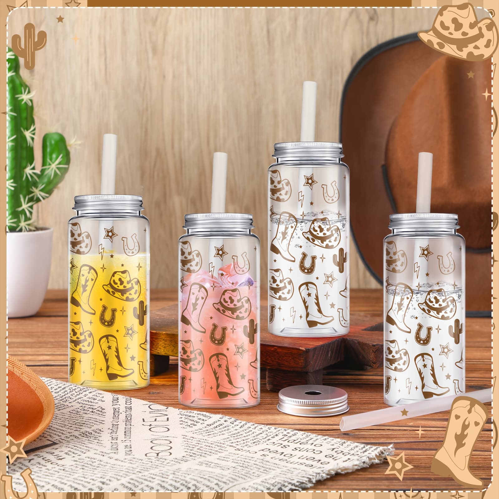 TEMU 24pcs Western Cowgirl Cowboy Plastic Tumbler 14.2 Oz Reusable Cups With Lids And Straws Beer Can Iced Coffee Cup For Preppy Party Decoration Women Cowgirl Gift(brown, )