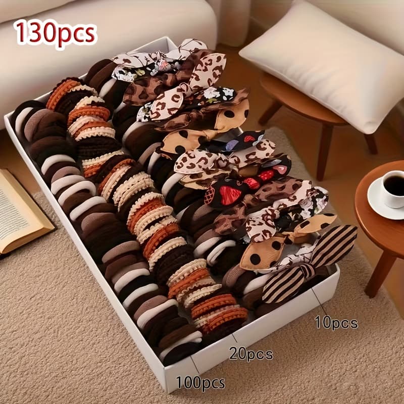 TEMU 130pcs Retro Bunny Ear Hair Tie Set, Caramel Brown Embellished Elastic Hair Tie Headband, Versatile And Hair Additions For Multiple Occasions
