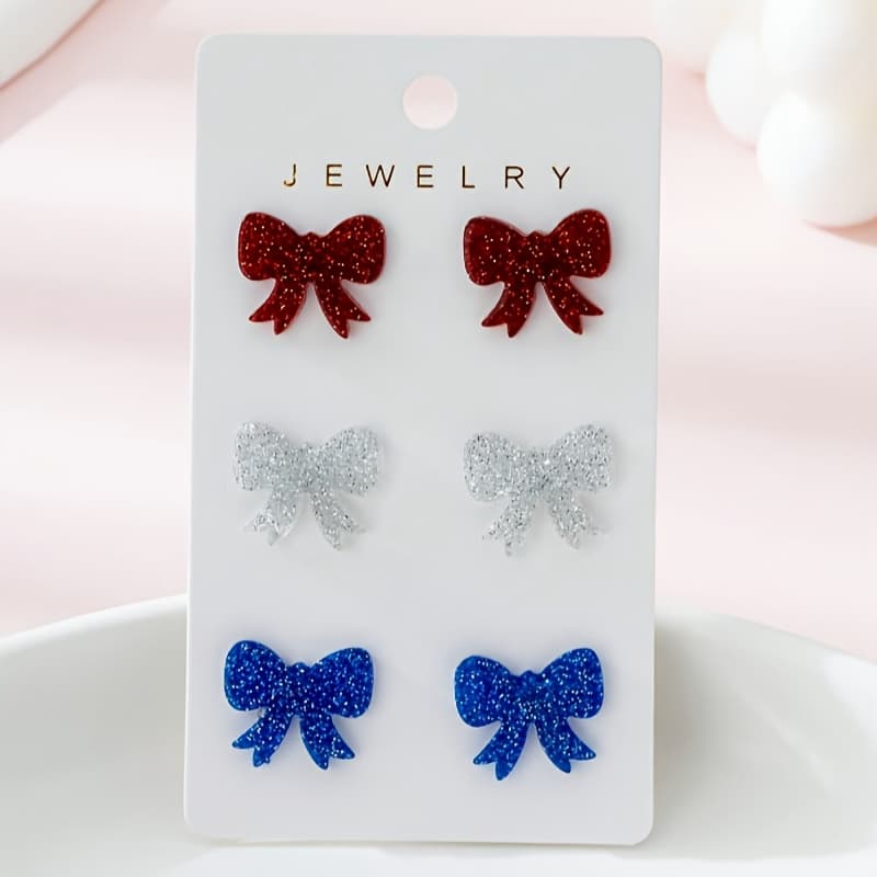 TEMU 3 Pairs Of European And American Cross-border Acrylic Day Colorful Red, White, And Blue Women's Fashion Stud Earrings Set With Jewelry Set