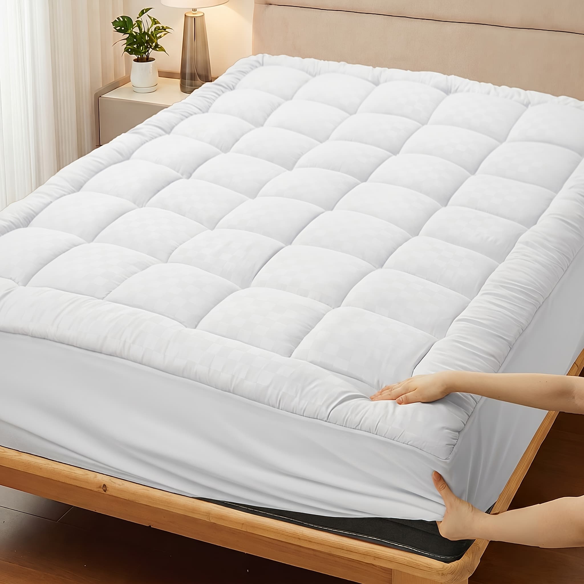 TEMU Cooling Mattress Topper, Overfilled Down Alternative Pillow Top, Fits 8-21 Inch Deep Pocket, Baffle Plush & Support Snow Down Alternative, Hotel Quality
