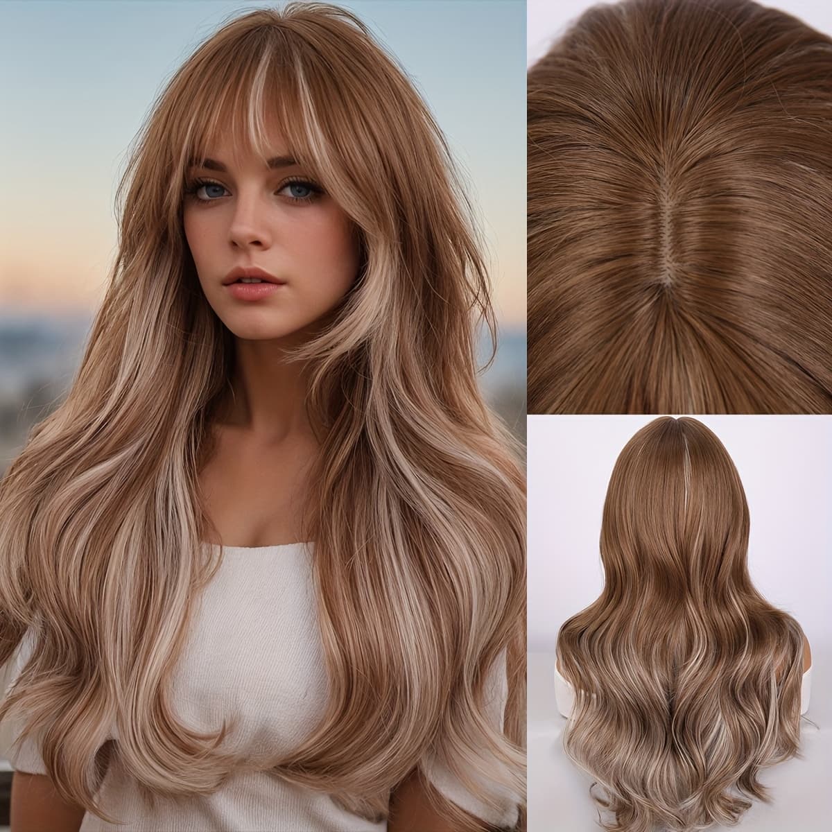 TEMU 24 - Inch Women's Wig With Brown - And - Golden Highlights And Bangs. Made Of High - Temperature, This Wig Is , Thick, And Presents And Stylish Look. Suitable For Daily Wear And Parties.