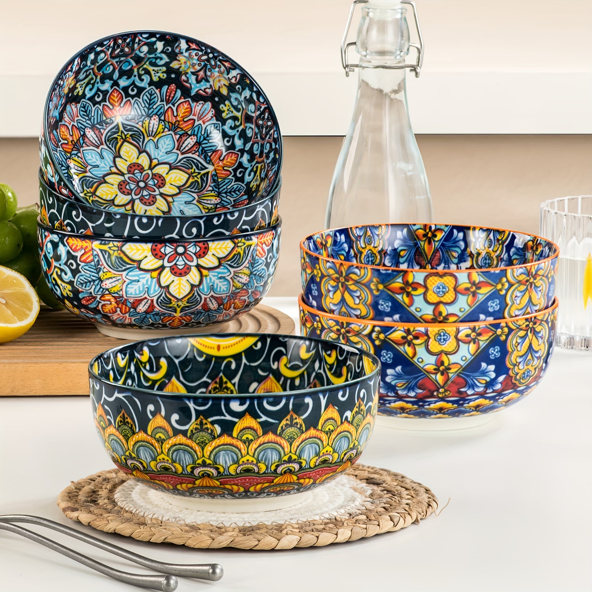 TEMU 28 Oz Cereal Bowls Set Of 6, Ceramic Soup Bowls, Dishwasher And Microwave Safe, Serving Bowls With Double-sided Pattern For Cereal, Soup, Oatmeal, Ice Cream, Salad