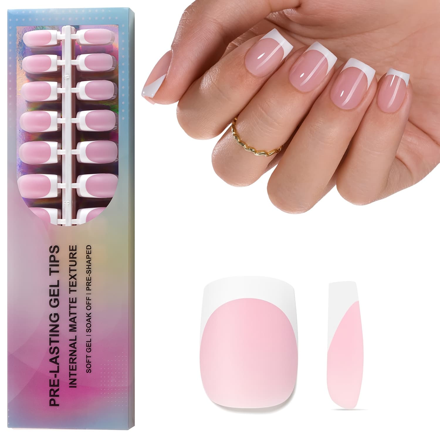 TEMU 150pcs French Gel Nail Stickers - 15 Sizes - Short Square - With , 3-in-1 Gel Nail Strips, Diy, Durable, Soakable Gel Acrylic Nail Stickers, , Reusable, Ideal For Women's Manicure