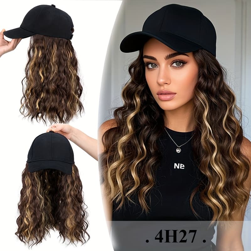 TEMU Long Wavy Curly Black Synthetic Wig With Hair Extensions, Heat-resistant Hairpiece For Women, Featuring An Adjustable Baseball , Suitable For Daily Wear, Cosplay, Or Weddings