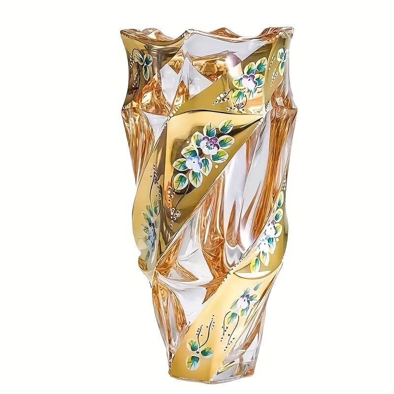 TEMU 1pc/2pcs Exquisite Crystal Glass Vase With Luxury Golden Enamel Floral European Style Decorative Vase Bohemian Style Housewarming Gift