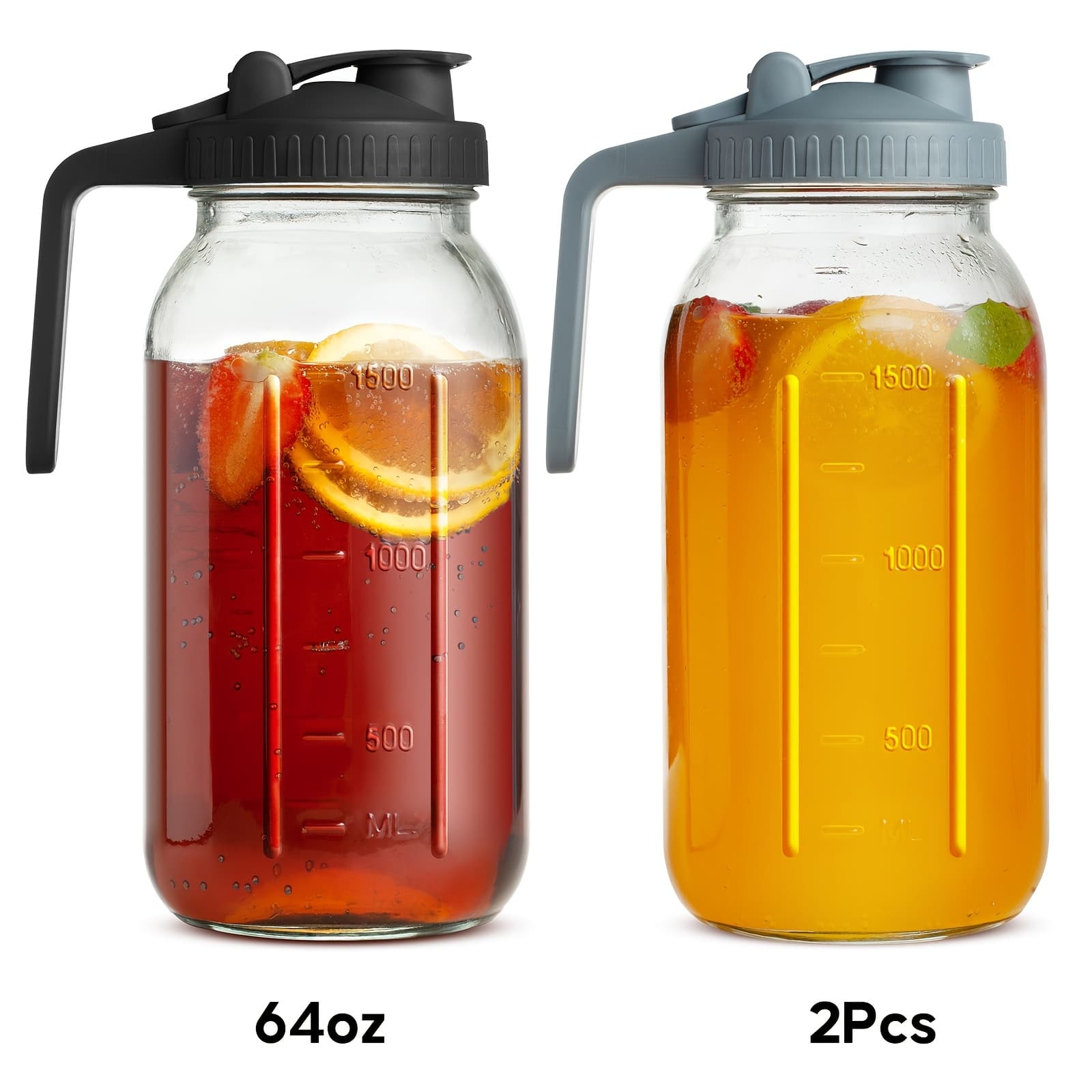 TEMU 2pcs Mason Jar Pitcher, 64oz Breast Milk Pitcher Double Leak Proof With Pour Spout Handle, Wide Mouth Iced Tea Pitcher For Fridge, Creamer Container For Coffee, Sun