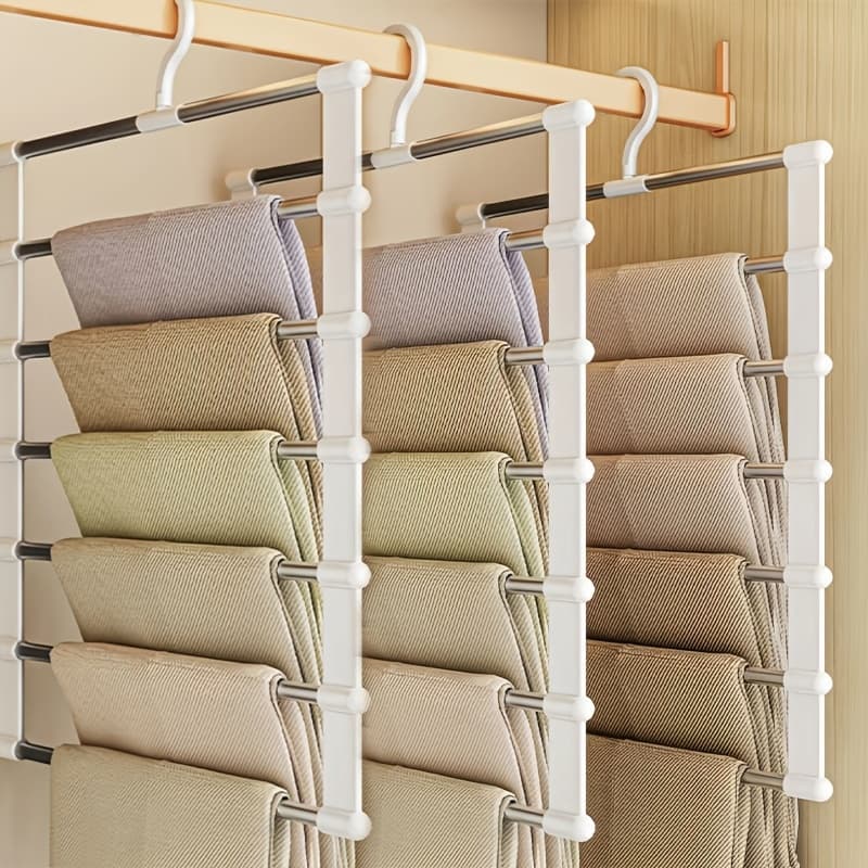 TEMU Hot Selling 3pcs Space Saving Foldable Stainless Steel Pants Rack - Wardrobe Organizer, Suitable For Jeans, Leggings, And Pants - Rust Resistant And Durable