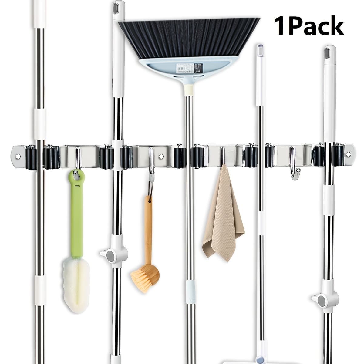 TEMU 1/2packs 5 Racks And 4 Hooks Mop And Broom Holder | Wall Mount, Stainless Steel, Heavy Duty, Self Adhesive, Solid Non-slip For Home Kitchen Garden Laundry Garage