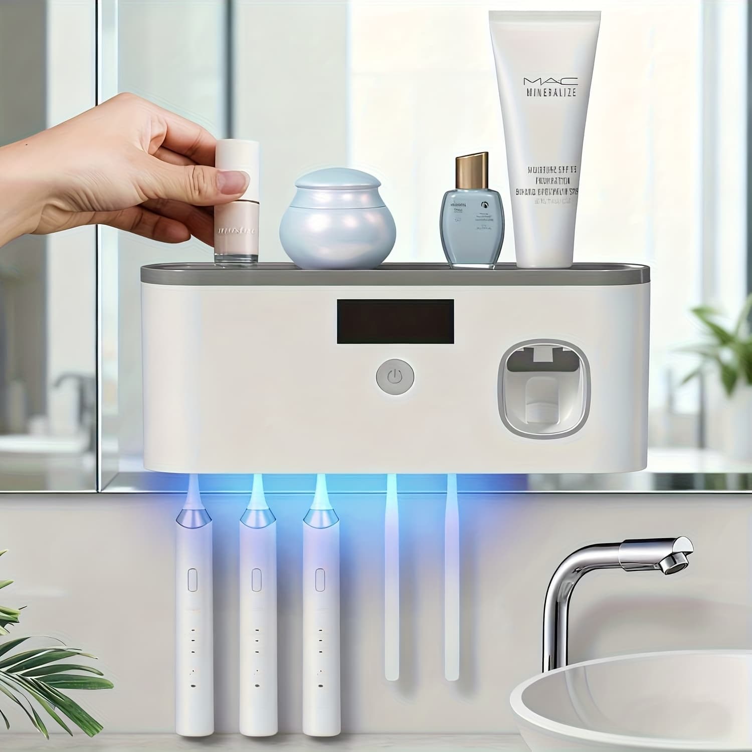 TEMU 1pc Wall-mounted Toothbrush Holder With Toothpaste Dispenser - Electric Toothbrush Holder For Bathroom Solar-charged, No Drilling Required Smart Toothbrush Organizer With 5 Brush Slots