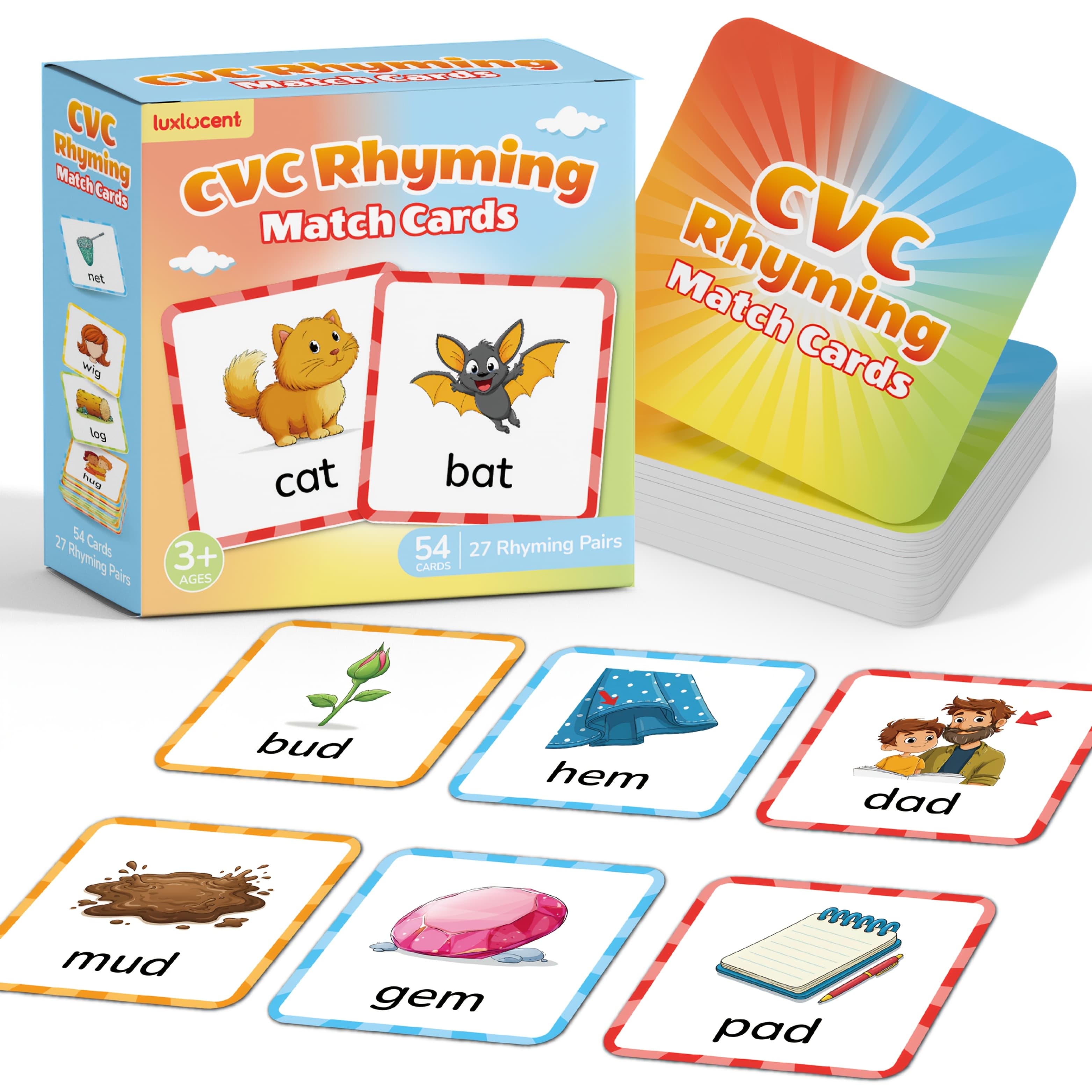 TEMU Set Of 54 Cvc Rhyming Word Flashcards, A Memory Matching Game Designed For Children Aged 3 To 6, Ideal For Phonics Education In Home And School Settings.