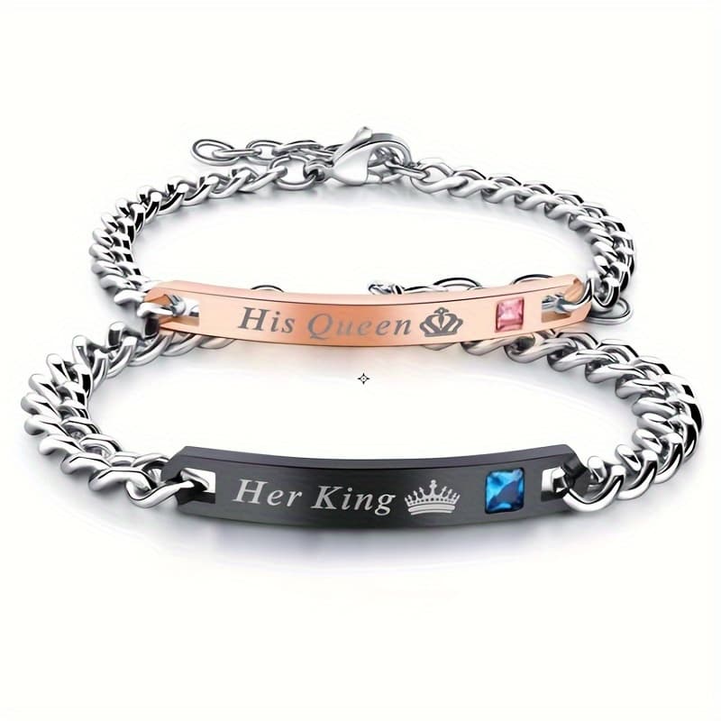 TEMU King Queen Artificial Crystal Couple Bracelet Set - Fashionable Alloy, Minimalist Style For , Accessories