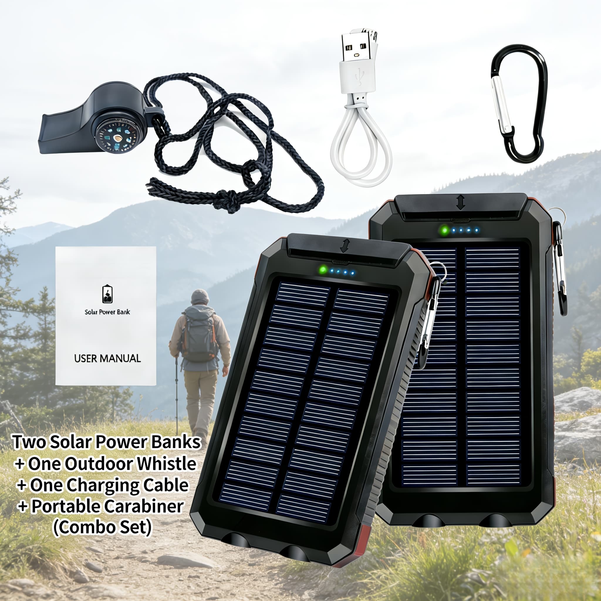 TEMU Solar Power Bank, 2 Packs Of 10000mah/ 2 Packs Of 20000mah, Portable Outdoor Phone Accessory! Dual Usb Ports Charger With Built-in Led Flashlight, Perfect For Hiking, Camping, Emergency And