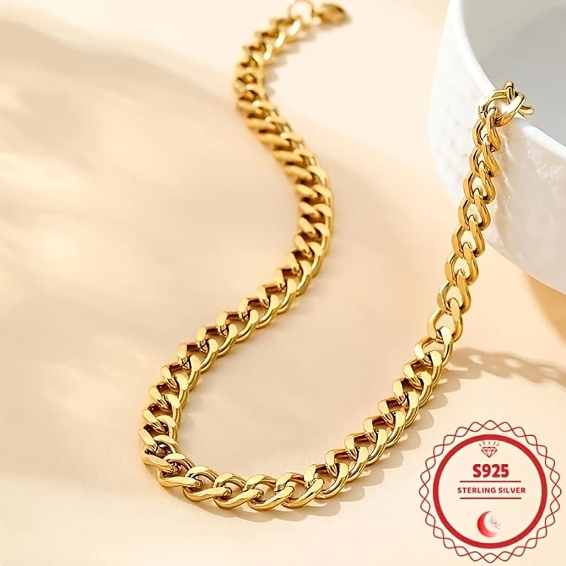 TEMU 24k Gold Plated Cuban Chain Necklace, 925 Sterling Silvery Necklace Suitable For Men And Women, Fashion Jewelry, Perfect Gift For Christmas/valentine's Day/new Year/ Day/father's Day