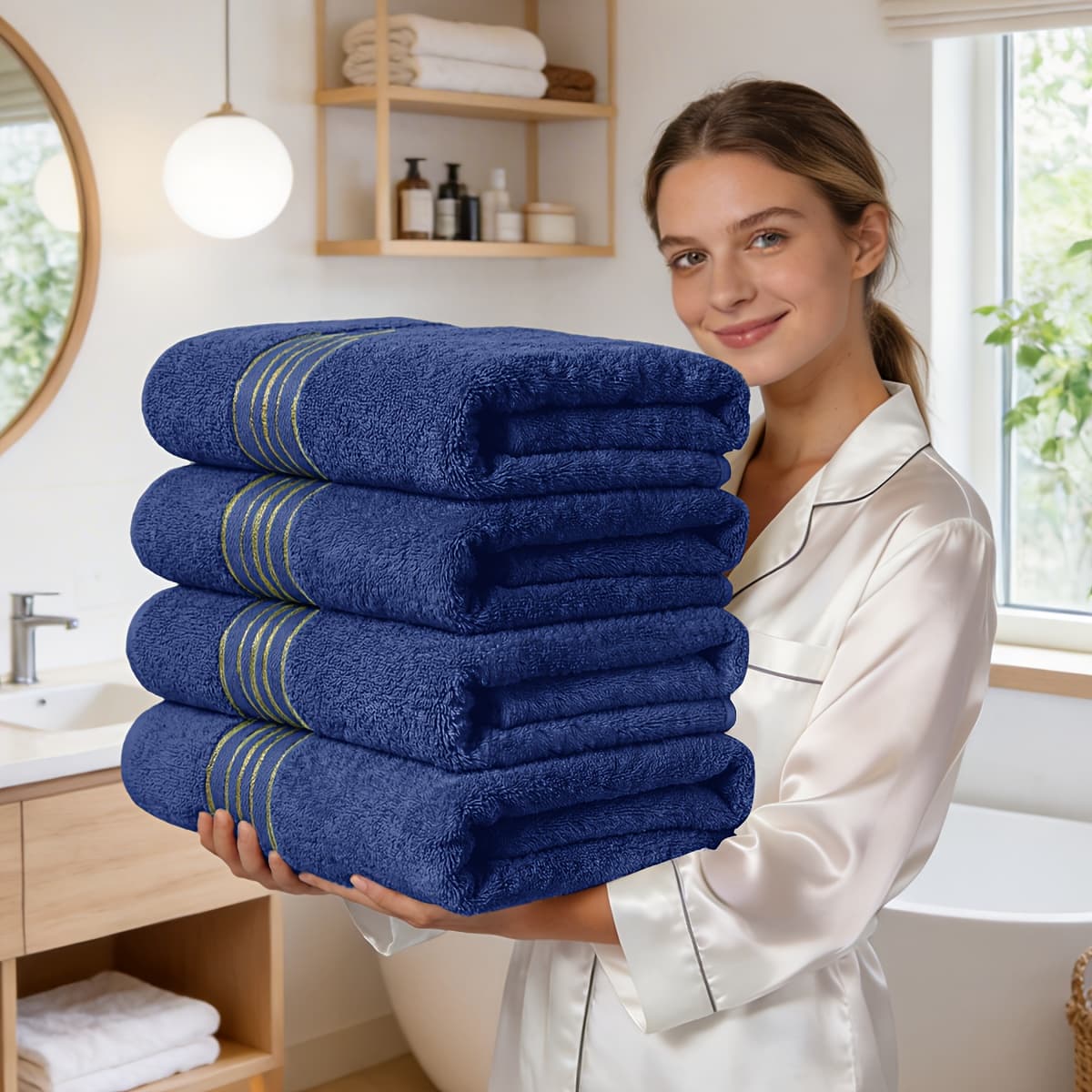 TEMU Of 4 Bath Towel Set, 620gsm Bamboo Cotton Blend, Super Soft And Quick-drying, And Absorbent, Bath Towels Set Perfect For Bathroom, Spa, Gym And Travel, Bright And Colorful Bath Towels Room Decor