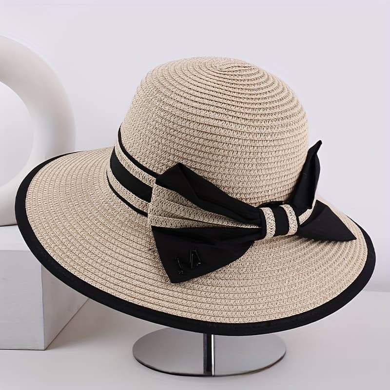 TEMU 2026 Collection Bow Wide Brim Sun Hat Striped Fashion Women's Hat Summer Beach Vacation Hat