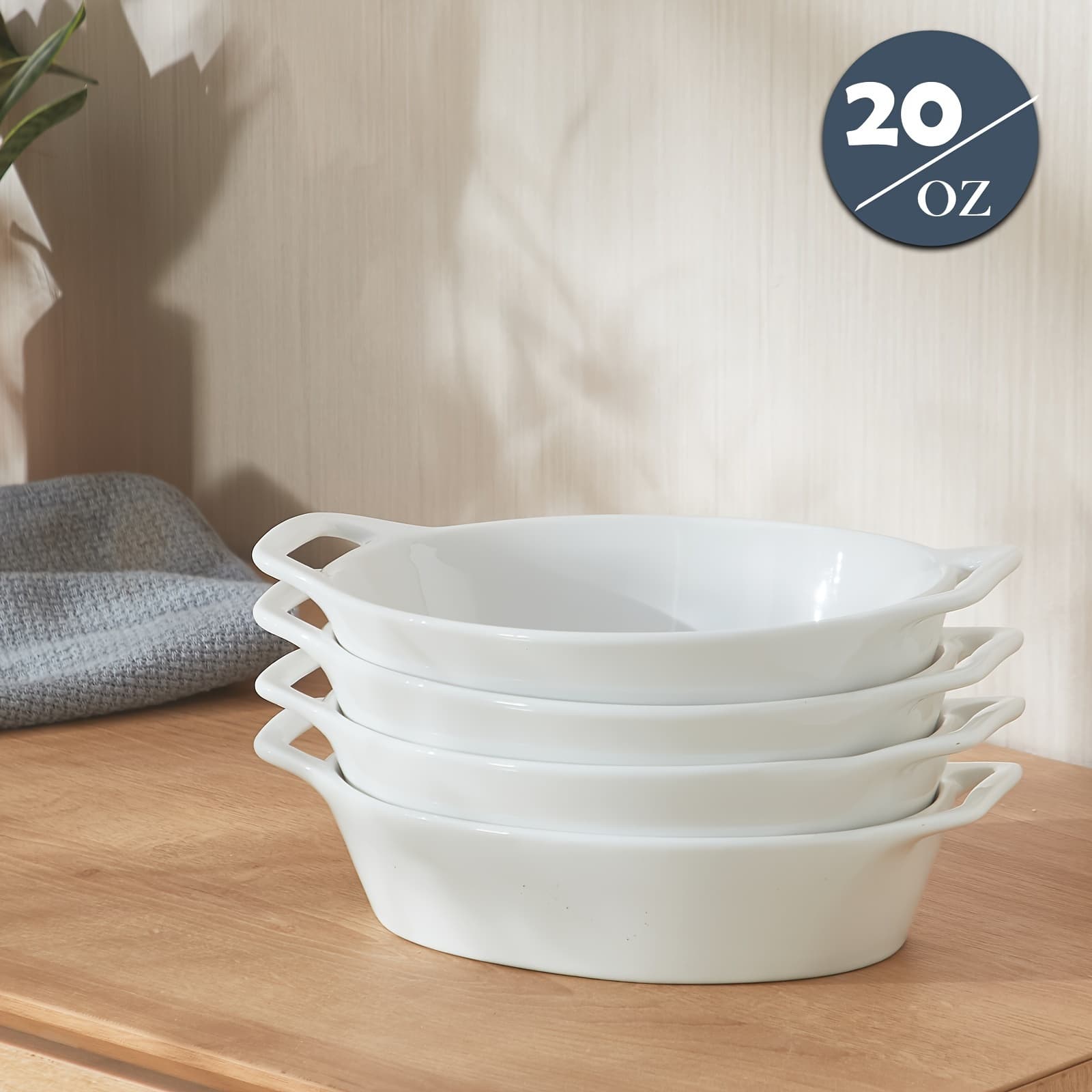 TEMU 4pcs Oval Au Baking Dish, Oven & Microwave Safe, Heat-resistant Ceramic With Handles, Perfect For Cooking, Baking & Serving, Mini Casserole Dishes, 10" X 6", 20oz, White