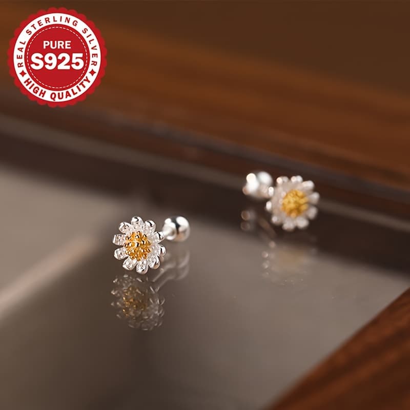 TEMU A Pair Of Small Daisy Flower Stud Earrings, S925 Silver-plated Flower Stud Earrings, Suitable For Daily Wear, For , And Hypoallergenic