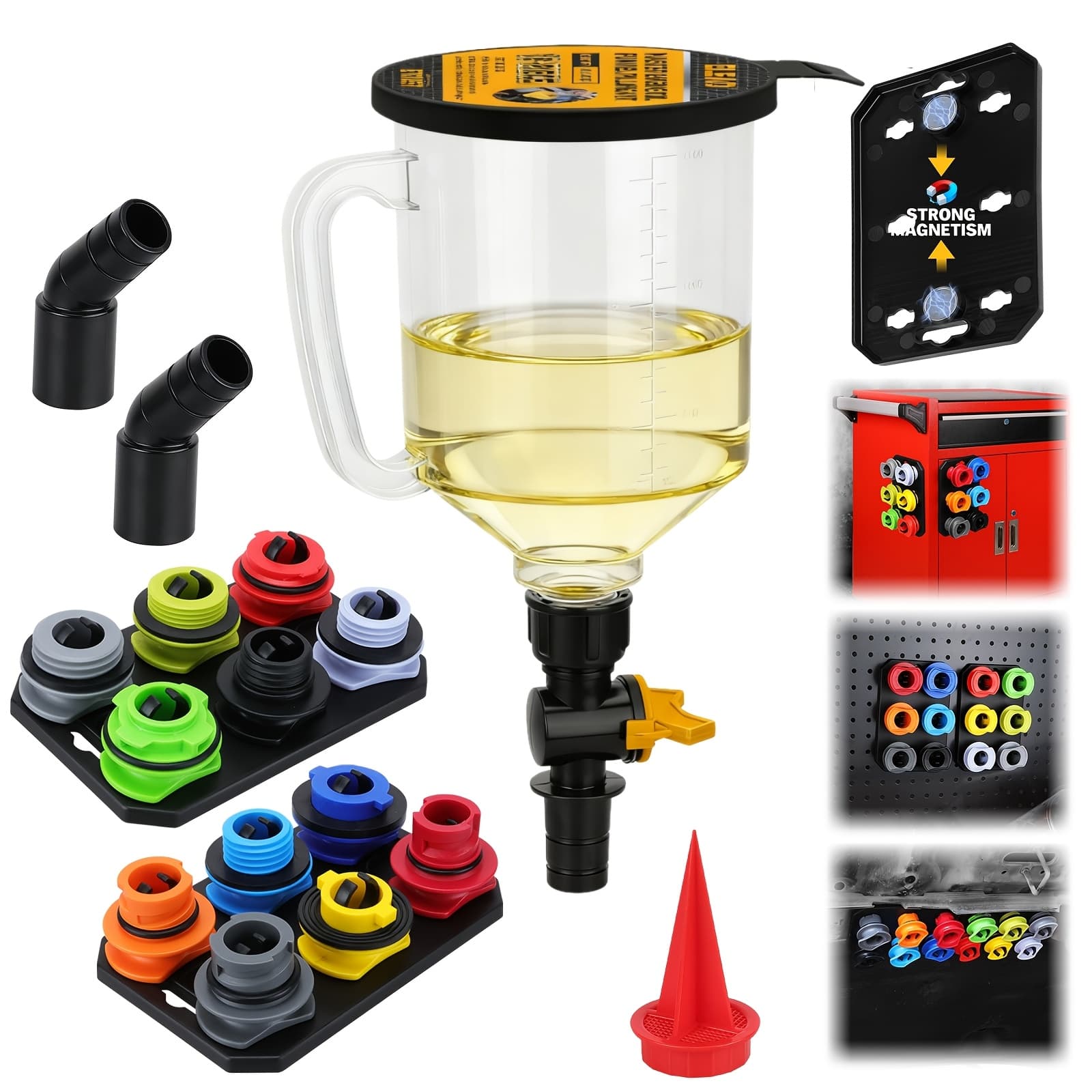 TEMU 19pcs Engine Oil Funnel Filling Kit, 1.36qt/ 1.5l Coolant Funnel Set, Funnels For Automotive Use, 12 Adapters, Elbow Fitting, Arrow Screen, Magnetic Storage Hooks Tray, Oil Change Tools