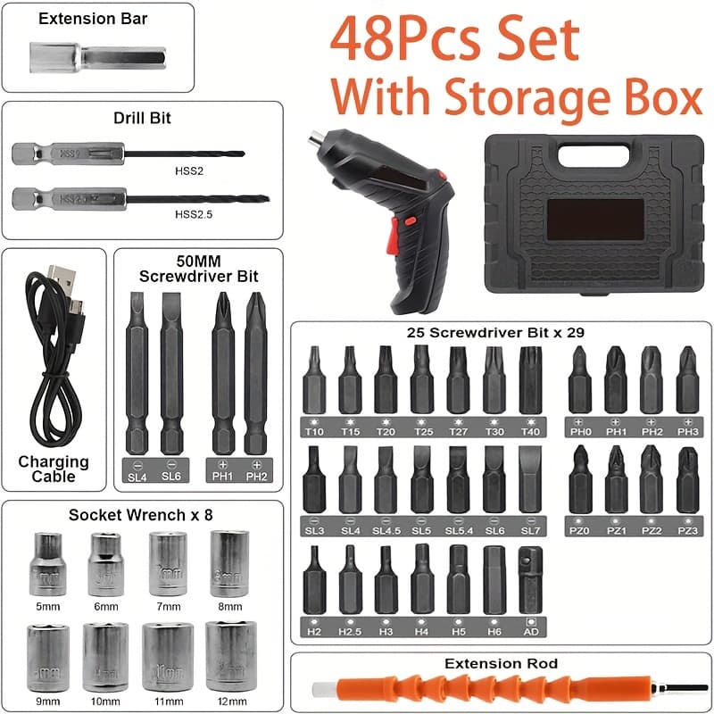 TEMU 48pcs Wireless Electric Screwdriver Set - Rechargeable, Led Light, 90° Rotatable Foldable, Durable Material, Easy To Operate, Powerful Functionality, Suitable For Home, Car Repair, Labor Day Gift