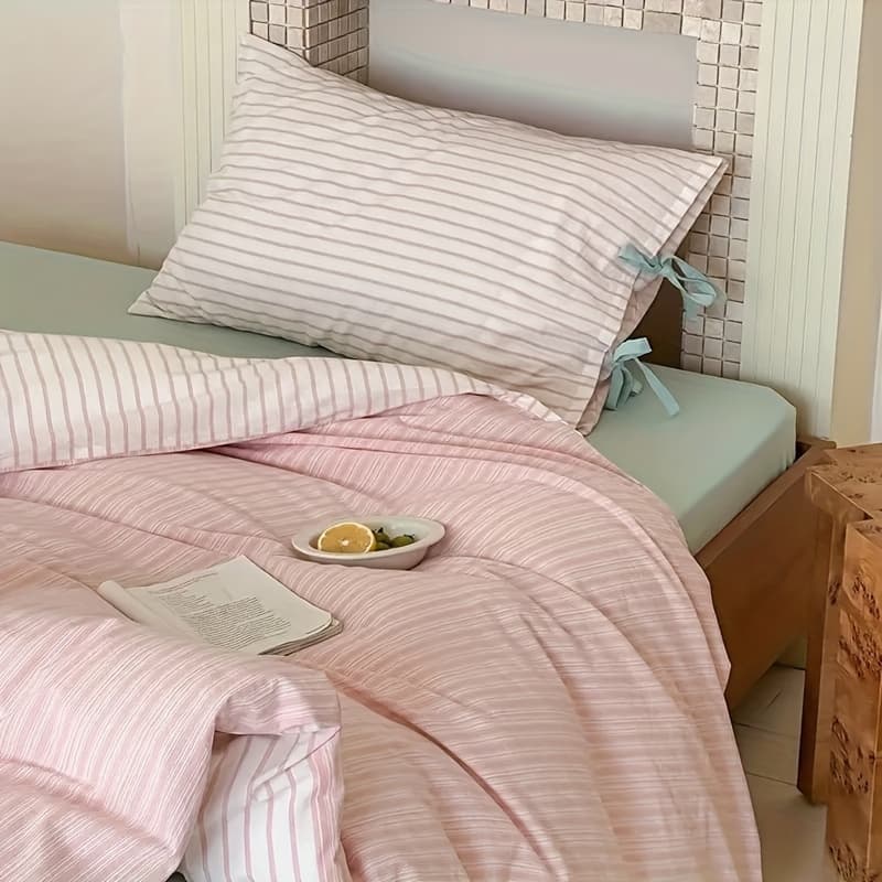 TEMU 1pc Korean Style Bow Pillowcase - Light Beige Striped Bow Decorative Cushion Cover, Standard Size A, Soft Smooth Fabric For Bed, Dorm, Living Room & Bedroom Decor