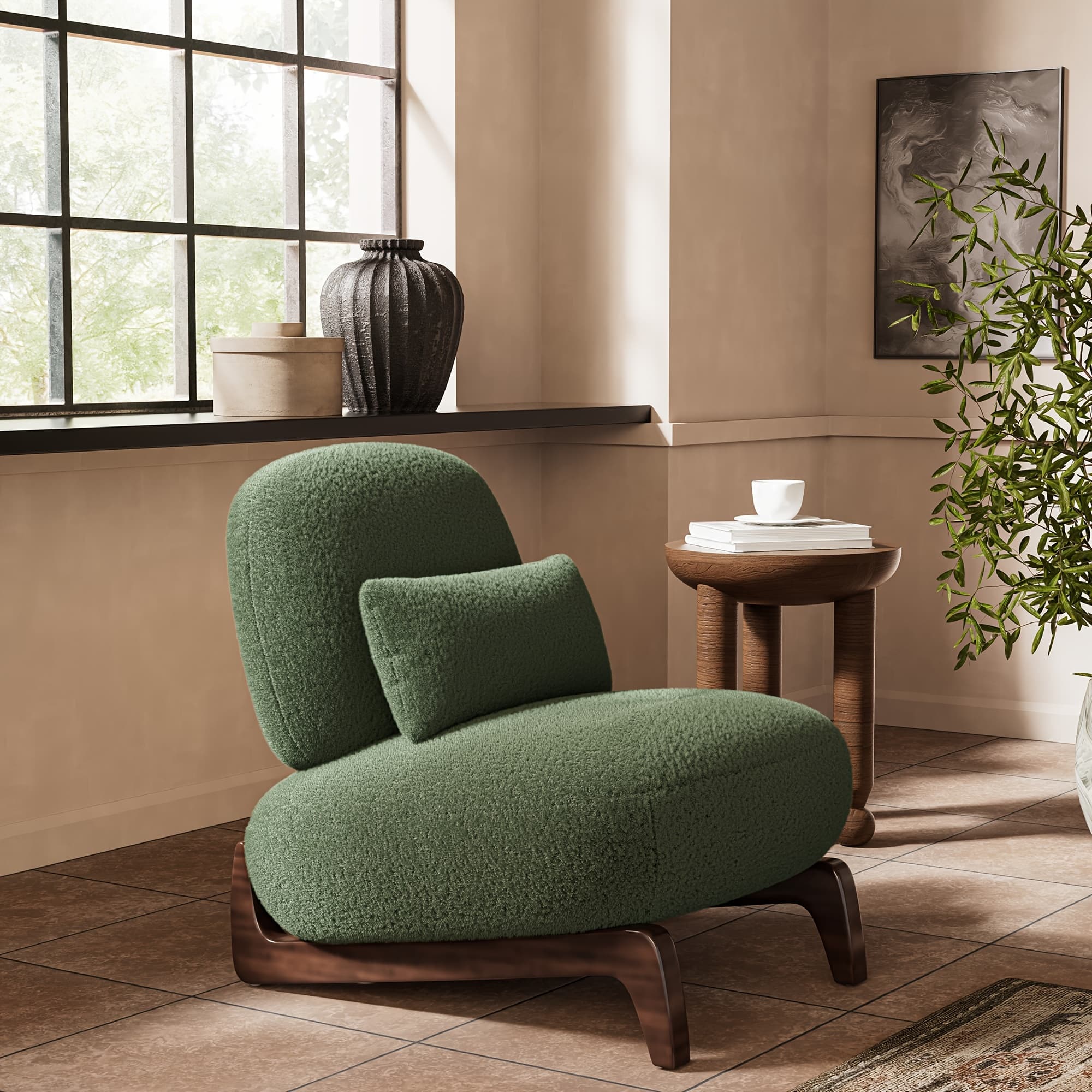 TEMU Fort Boucle Chair - Modern Tilt Back Accent Chair, Sturdy Wood Legs With Cushion, Comfortable Lumbar Pillow Armless Reading Chair For Living Room Lounge Bedroom - /green