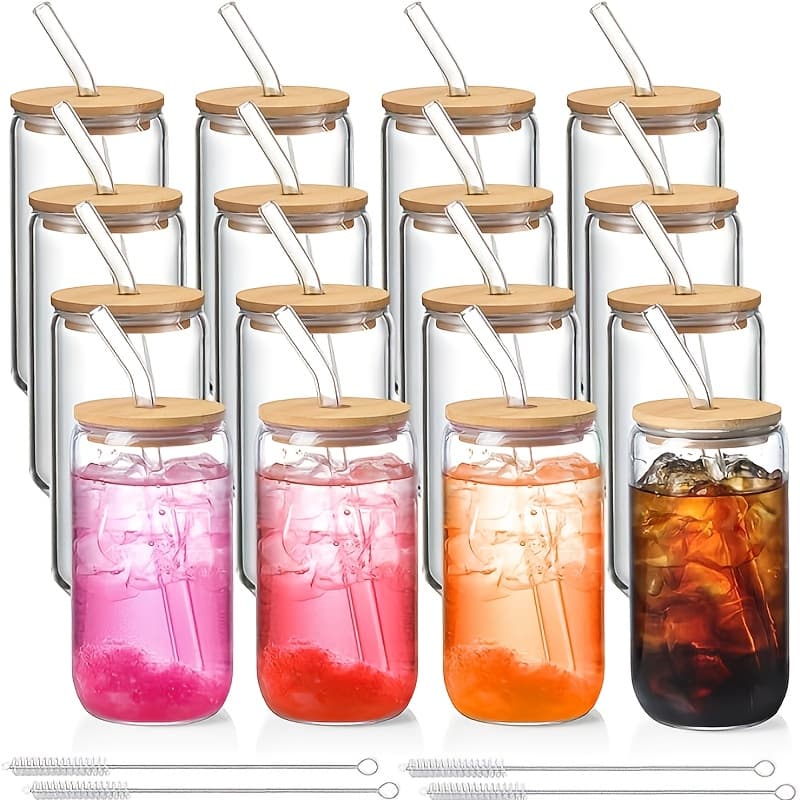 TEMU Multi-piece Glass Set | 16oz Coffee Mug With Lid & Straw, Mason Jar Mug, Iced Coffee Mug, Glass With Bamboo Lid, Cute Reusable Mug, Holiday Gifts, Souvenirs, Bbq Drinking Mugs - Aricpork