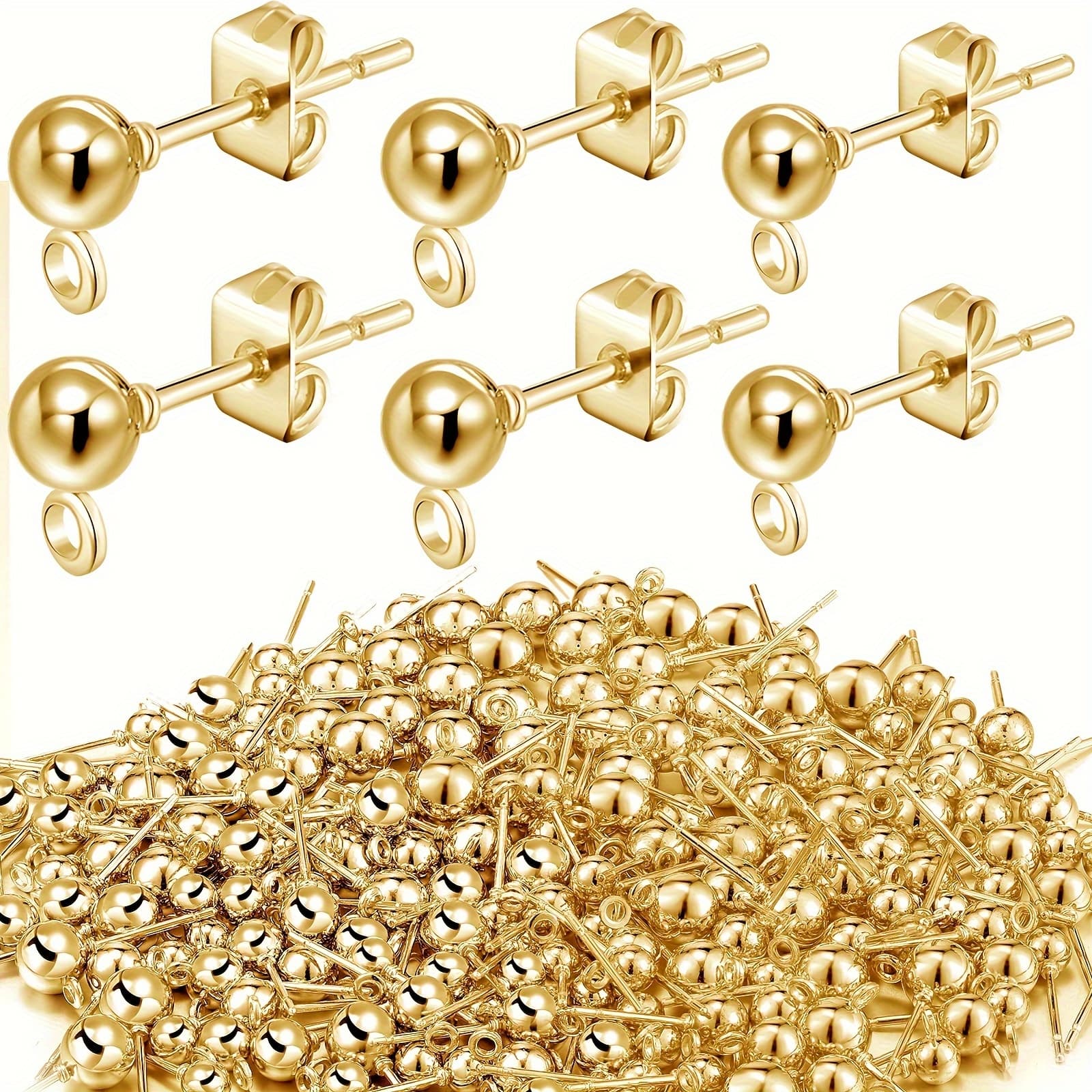 TEMU 120pcs Ball Post Earring Studs Kit - Includes 4mm, 5mm, And 6mm Round Ball Posts With Hanging Holes (20pcs Size), 60pcs Backs For Diy Enthusiasts And