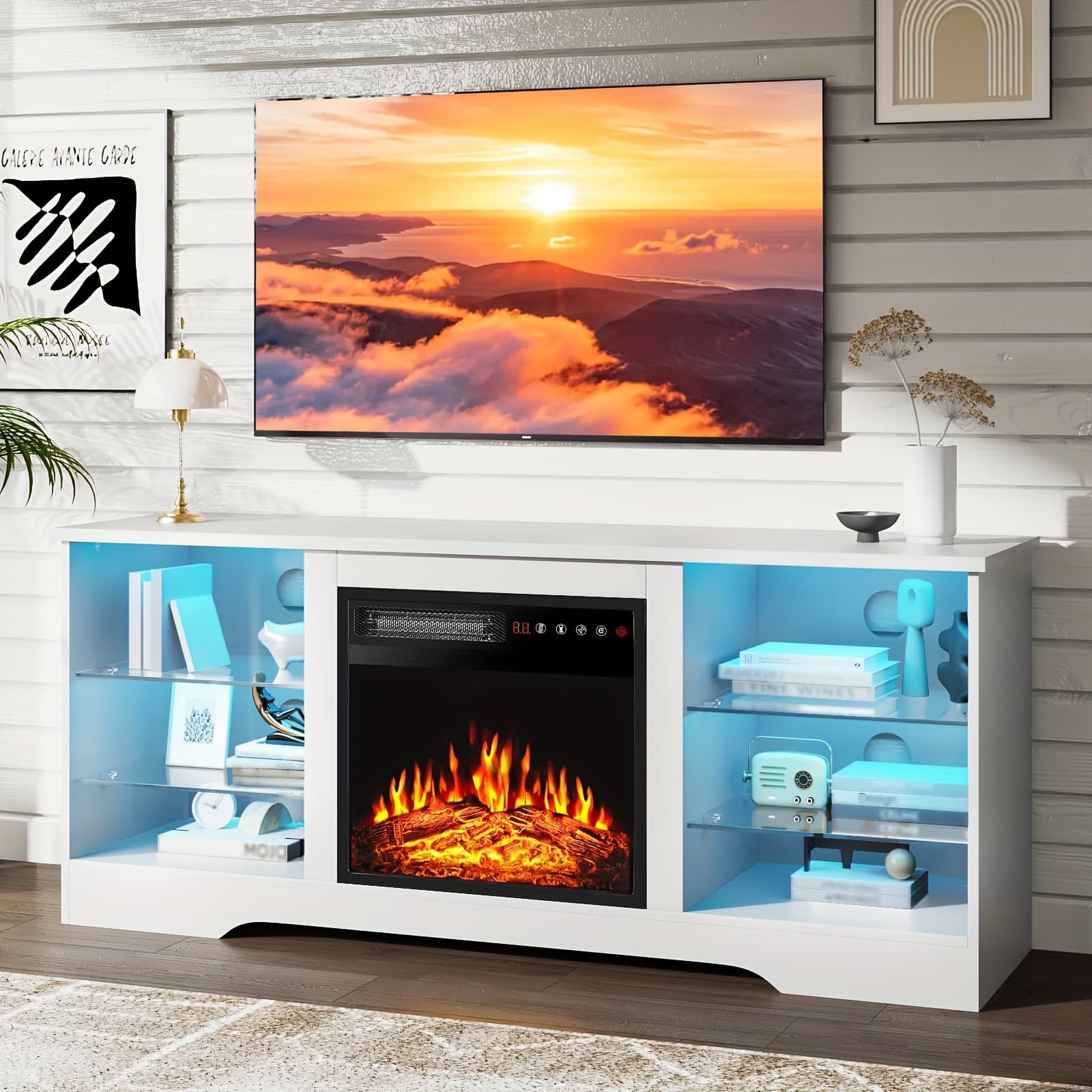TEMU 58" Fireplace Tv Stand, 16 Colors Led Light Entertainment Center With 18" Electric Fireplace Heater, Media With Adjustable Glass Shelves And Storage Cabinets