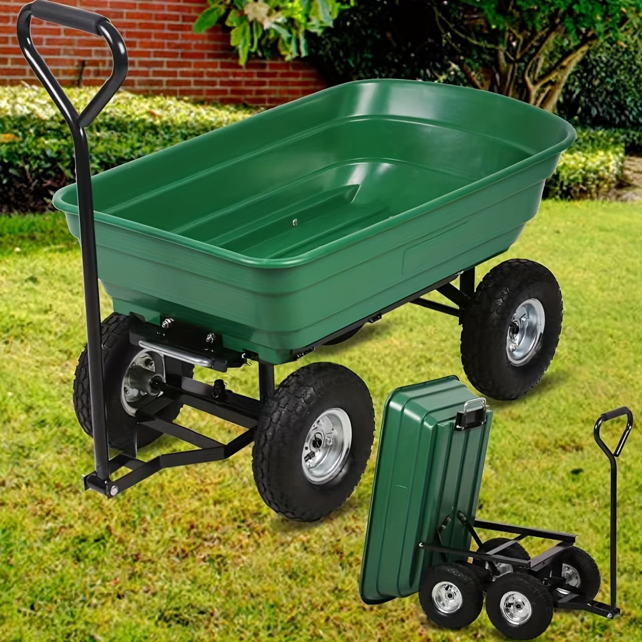 TEMU Garden Utility Dump Cart, 10 Inch Heavy-duty Garden Utility Dump Cart With 180 Degree Rotating Handle, 660 Lbs Capacity, Wheelbarrow And Wagon For Gardening, Landscaping And Outdoor Tasks