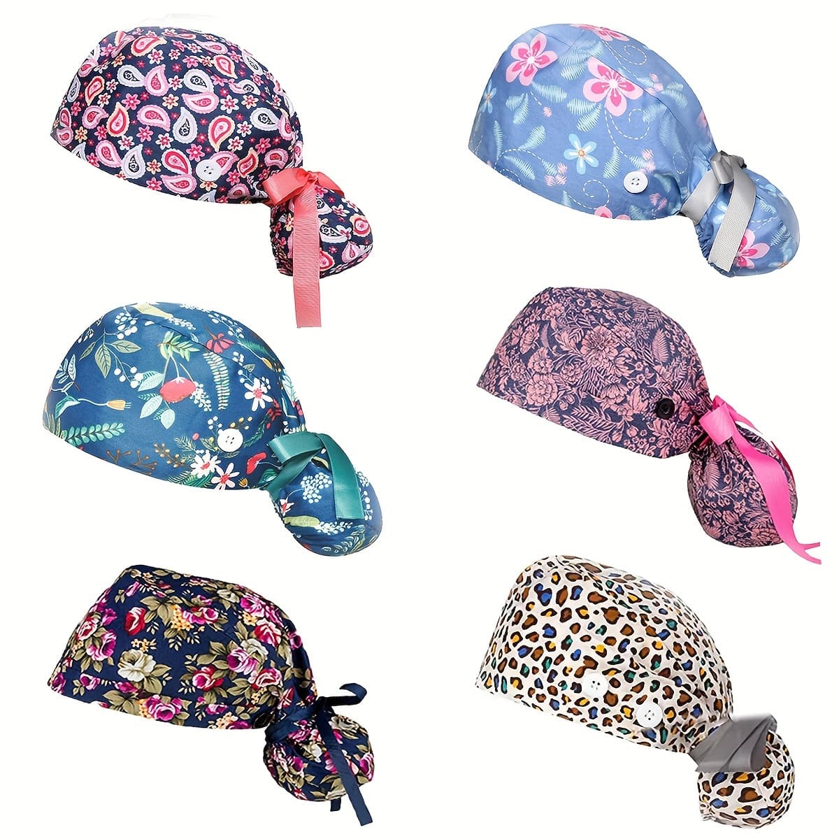 TEMU 6 Pack Surgery Scrub Caps Working With Buttons And Ribbon Tie For Women, Nurse Hat Long Hair, Multiple Styles