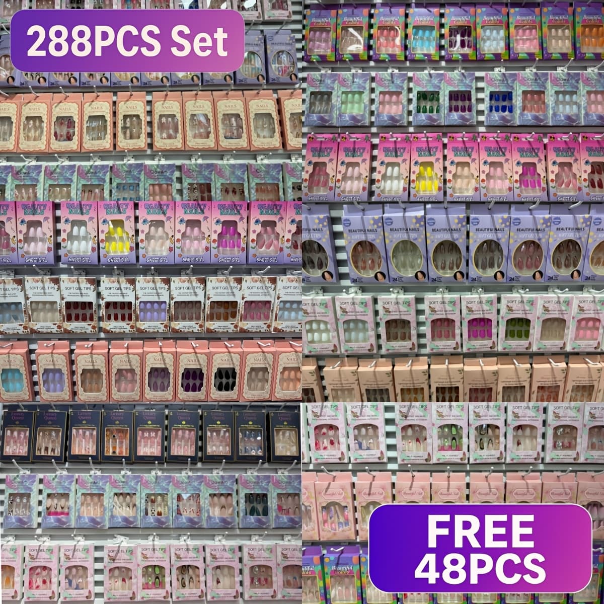 TEMU 288pcs And 48pcs Random Press On Nails Stylish Almond Shape Mixed Colors Glossy End Medium Length Ideal For Women And Nail Art Essentials Look Embellishments Fake Nails For Manicure