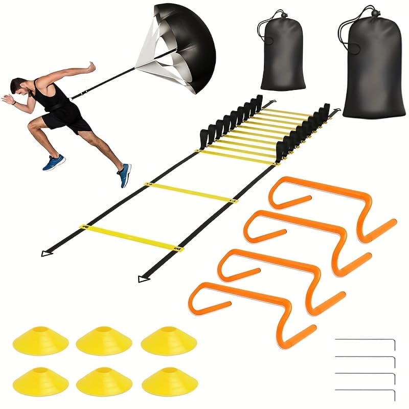TEMU Speed & Agility Ladder Training Equipment Set, Includes 20ft Agility Ladder, 4 Agility Hurdles, 12 Disc Cones, 1 Resistance Parachute For Training Football Soccer Basketball Athletes