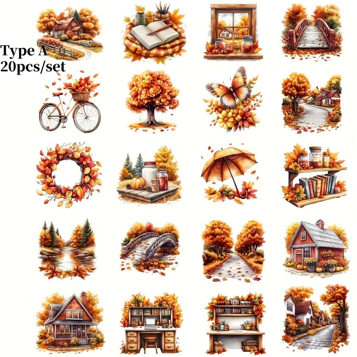 TEMU 20pcs/set Vintage Autumn House Maple Leaf Landscape Series Handmade Stickers Decoration, High Quality Stickers For Diy Notebook, Album, Journal, And Magazine Decoration